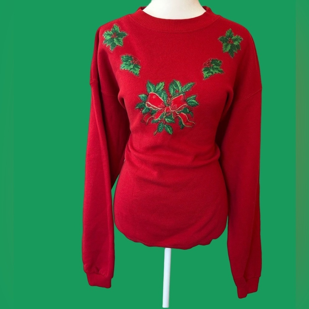VTG 90s red whimsical Christmas wreath puffy paint crafty granny sweatshirt LG